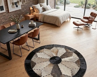 Handgemaakt rond vloerkleed met patchwork rundleder | Leren mandala-vloermat, boho-woonkameraccent