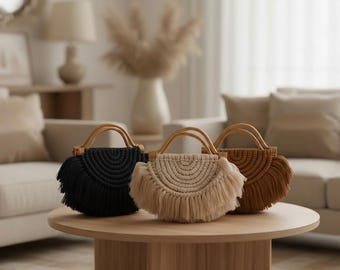 Handgemaakte macramé-handtas | Boho portemonnee met franje voor dames | Katoenen geweven draagtas met houten handvat | Milieuvriendelijke modieuze tas