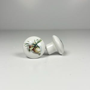 May include: Two white ceramic cabinet knobs with a rounded face. One knob is positioned to show the front, featuring a detailed illustration of a bunch of spring onions with white and brown bulbs. The other knob is turned to show the side profile.