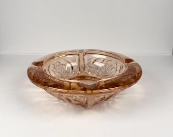 Vintage Indonesia Pink Glass Ashtray wish roses pattern, trinket dish,