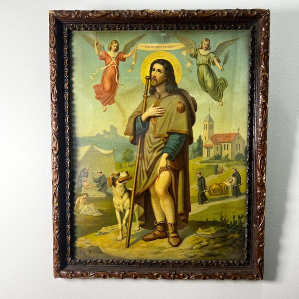 Antique frame, Vintage painting of Saint Roch of Montpellier, Vintage religious art Saint Roch 1900-1940, lithograph