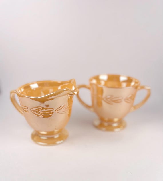 Vintage Anchor Hocking Fire King Peach Luster Glass Sugar and