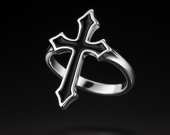 Bague croix noire gothique – Jonc punk vintage ajustable pour homme et femme /8