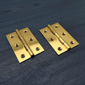 May include: Two gold-coloured rectangular hinges with rounded corners. Each hinge has a central barrel and multiple screw holes. The hinges are displayed on a dark wood-grain surface.