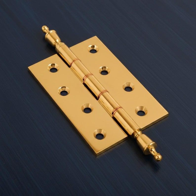 May include: A polished brass hinge with a decorative design. The hinge features two rectangular plates with screw holes, connected by a cylindrical barrel. The barrel has copper-coloured rings and decorative finials.