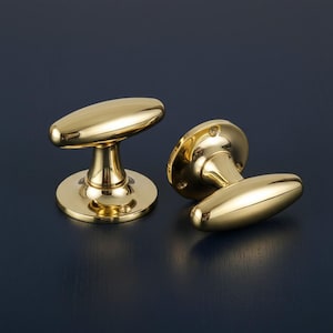 May include: Two polished brass cabinet knobs with an oval-shaped handle and a circular base plate. Each knob features a smooth, reflective metallic finish and includes two visible screw holes on the mounting flange for secure installation.