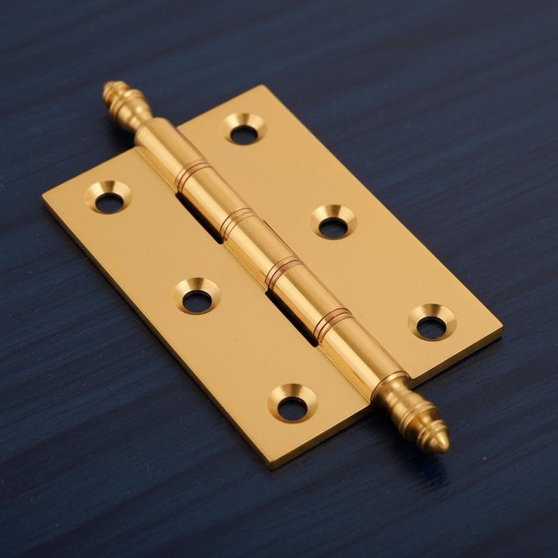 May include: A polished brass door hinge. The hinge features a rectangular design with rounded screw holes and a cylindrical barrel. The barrel connects two rectangular plates. This hinge is suitable for doors and cabinets. The hinge is made of brass.