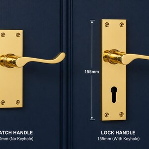 May include: Two gold-colored door handles, one with a keyhole and one without. The latch handle is 120mm (4.7 inches) long, and the lock handle is 155mm (6.1 inches) long. Both are mounted on a dark blue surface.
