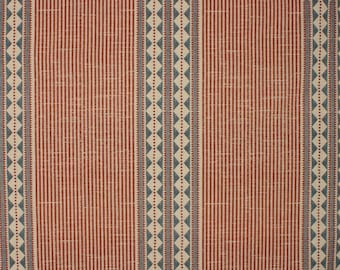 May include: Textile with a repeating pattern of vertical red stripes and alternating columns of geometric designs. The geometric columns feature triangles, dots, and lines in a light blue and off-white color scheme. The fabric has a textured appearance.