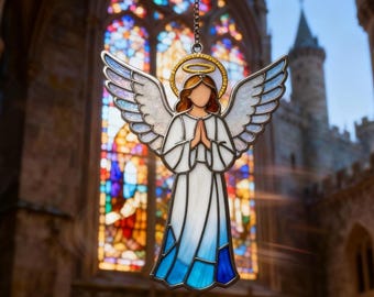 芸術品！天使 の翼 イタリア アンティークステンドグラス 流木アート クリスマス 青い翼を持つ祈りの天使のステンドグラス - 手作りのスピリチュアルな