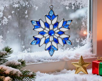 Unique Christmas Gift for Mom | Stained Glass Snowflake Ornament | Winter Housewarming Present | Secret Santa Gift Holiday Window Decoration