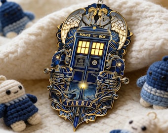 TARDIS Stained Glass Suncatcher, Doctor Who Inspired Hanging Ornament, Angel Wings Window Decor, Sci-Fi Gift, UV Printed Glass Pendant