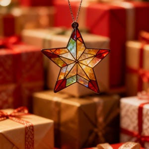 May include: A stained glass star pendant with a gold chain hangs in front of wrapped gifts. The star features a colorful mosaic design with red, green, yellow, and orange hues. The background is filled with wrapped gifts in red, gold, and brown.