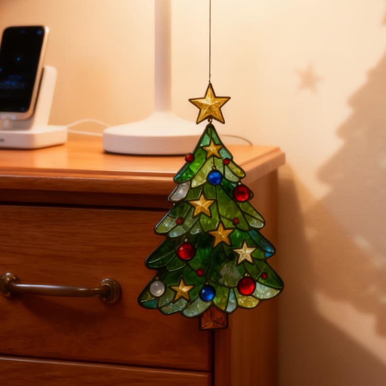 K&ouml;nnte beinhalten: Ein Weihnachtsbaumschmuck aus Glasmalerei. Der gr&uuml;ne Baum ist mit roten und blauen Kugeln und goldenen Sternen verziert. Ein goldener Stern ziert die Spitze des Baumes. Der Schmuck h&auml;ngt vor einem Nachttisch aus Holz.