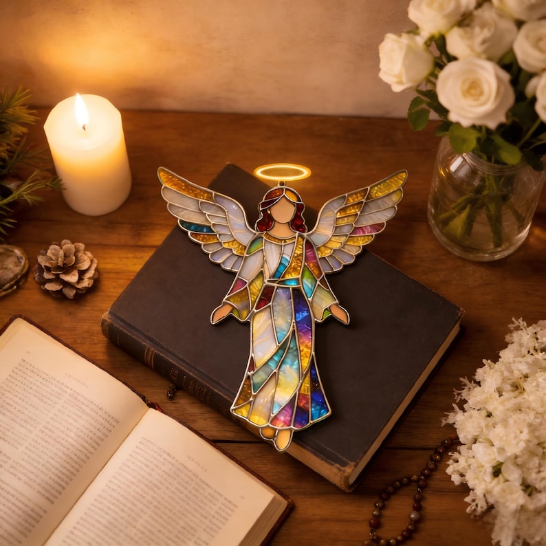 Attrape-soleil ange en vitrail, ange gardien suspendu, décoration d'intérieur religieuse, ornement d'art en verre coloré, idée cadeau chrétienne image 5