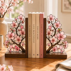 桜のガラス製ブックエンド、桜の木製ブックエンド、花柄の本棚装飾、和風インテリア、本好きへのギフト