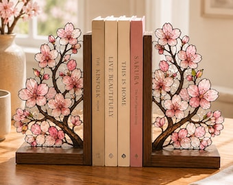 Kirschblüten-Buchstützen aus Glas, Sakura-Buchstützen aus Holz, florale Bücherregaldekoration, japanische Wohndekoration, Geschenk für Bücherliebhaber