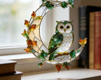 Stained Glass Owl Suncatcher, Owl Moon Window Hanging, Forest Owl Decor, Nature Lover Gift, Owl Glass Ornament, Window Sun Catcher