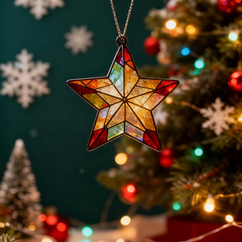 May include: A stained glass star-shaped ornament with a gold chain. The star features a mosaic of warm colors, including red, orange, yellow, and green. The ornament is hanging in front of a Christmas tree with colorful lights and ornaments.