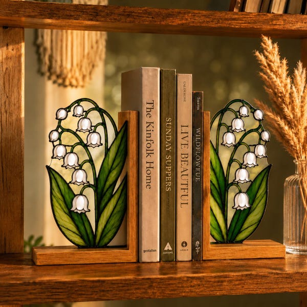 Lily of the Valley Stained Glass Bookends, Wooden Floral Book Holder, Botanical Bookshelf Decor, Gift for Book Lover