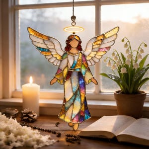 Attrape-soleil ange en vitrail, ange gardien suspendu, décoration d'intérieur religieuse, ornement d'art en verre coloré, idée cadeau chrétienne image 1