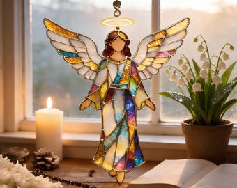 Stained Glass Angel Suncatcher, Guardian Angel Window Hanging, Religious Home Decor, Colorful Glass Art Ornament, Christian Gift Idea