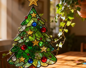 Stained Glass Christmas Tree Decoration with Colorful Ornaments and Golden Star, Unique Handcrafted Holiday Decor