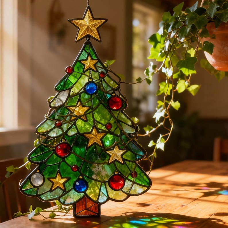 K&ouml;nnte beinhalten: Ein Weihnachtsbaumschmuck aus Buntglas. Der Baum ist gr&uuml;n mit goldenen Sternen, roten und blauen Kugeln. Ein goldener Stern ziert die Spitze des Baumes. Der Baum steht auf einem Holztisch mit Sonneneinstrahlung.
