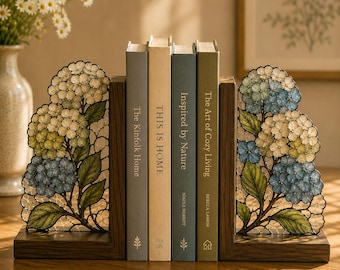 Stained Glass Hydrangea Bookends, Floral Wooden Book Ends, Botanical Bookshelf Decor, Gift for Book Lovers and Flower Lovers