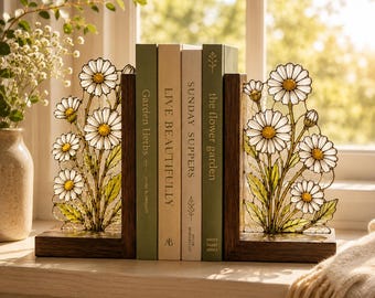 Serre-livres en vitrail à motif marguerite, serre-livres en bois à motif floral, décoration de bibliothèque style cottagecore, cadeau botanique pour les amoureux des livres