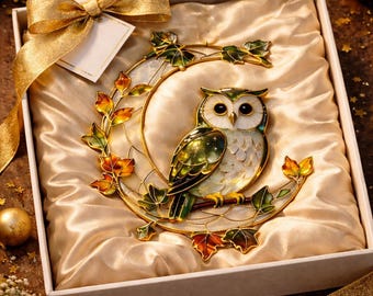 Atrapasueños de búho de vidrieras, regalo de búho para ella, adorno colgante de luna para ventana, regalo para amantes de la naturaleza, decoración de bosque, adorno de vidrio único