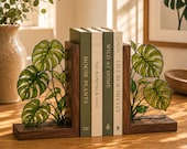 Monstera Stained Glass Bookends, Walnut Wood Botanical Book Decor, Tropical Plant Bookshelf Accent, Book Lover Gift, Housewarming Gift