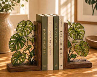 Monstera boekensteunen van gebrandschilderd glas, botanische boekendecoratie van walnoothout, tropische plantenaccenten voor de boekenplank, cadeau voor boekenliefhebbers, housewarmingcadeau
