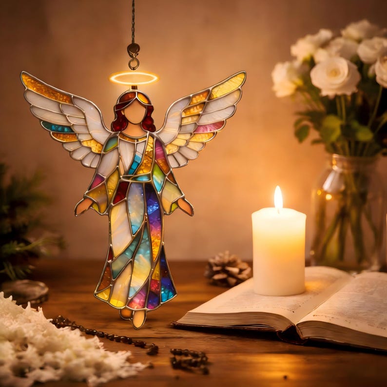 Attrape-soleil ange en vitrail, ange gardien suspendu, décoration d'intérieur religieuse, ornement d'art en verre coloré, idée cadeau chrétienne image 3