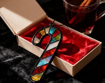 Vintage Style Stained Glass Candy Cane, Christmas Home Decor, Unique Handmade Ornament for Holiday Season