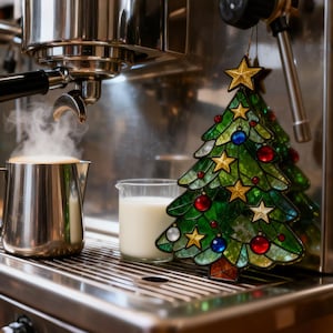 K&ouml;nnte beinhalten: Ein Weihnachtsbaumschmuck aus Buntglas mit goldenen Sternen und bunten Kugeln h&auml;ngt in der N&auml;he einer Kaffeemaschine. Eine dampfende Milchkanne und ein Glas Milch stehen auf der Oberfl&auml;che der Maschine, was auf ein festliches Kaffeegetr&auml;nk hindeutet.