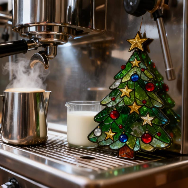 K&ouml;nnte beinhalten: Ein Weihnachtsbaumschmuck aus Buntglas mit goldenen Sternen und bunten Kugeln h&auml;ngt in der N&auml;he einer Kaffeemaschine. Eine dampfende Milchkanne und ein Glas Milch stehen auf der Oberfl&auml;che der Maschine, was auf ein festliches Kaffeegetr&auml;nk hindeutet.