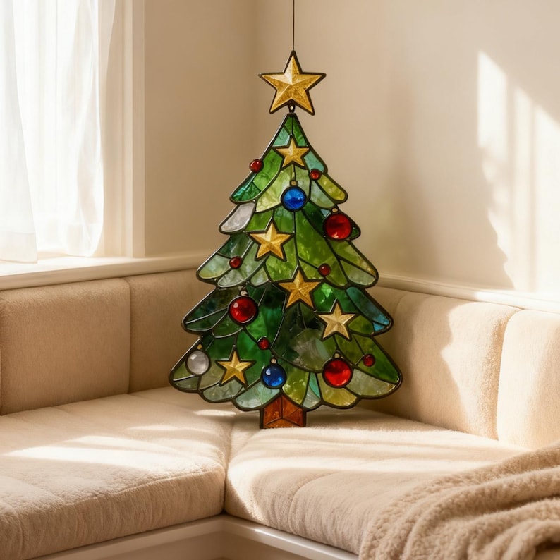K&ouml;nnte beinhalten: Ein Weihnachtsbaumschmuck aus Glasmalerei. Der Baum ist gr&uuml;n mit roten, blauen und silbernen Ornamenten und goldenen Sternen. Ein gro&szlig;er goldener Stern ziert die Spitze des Baumes. Der Baum wird in einem hellen Raum ausgestellt.
