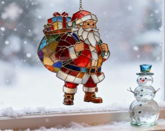 Cintre Père Noël en vitrail, décoration de fenêtre de Noël