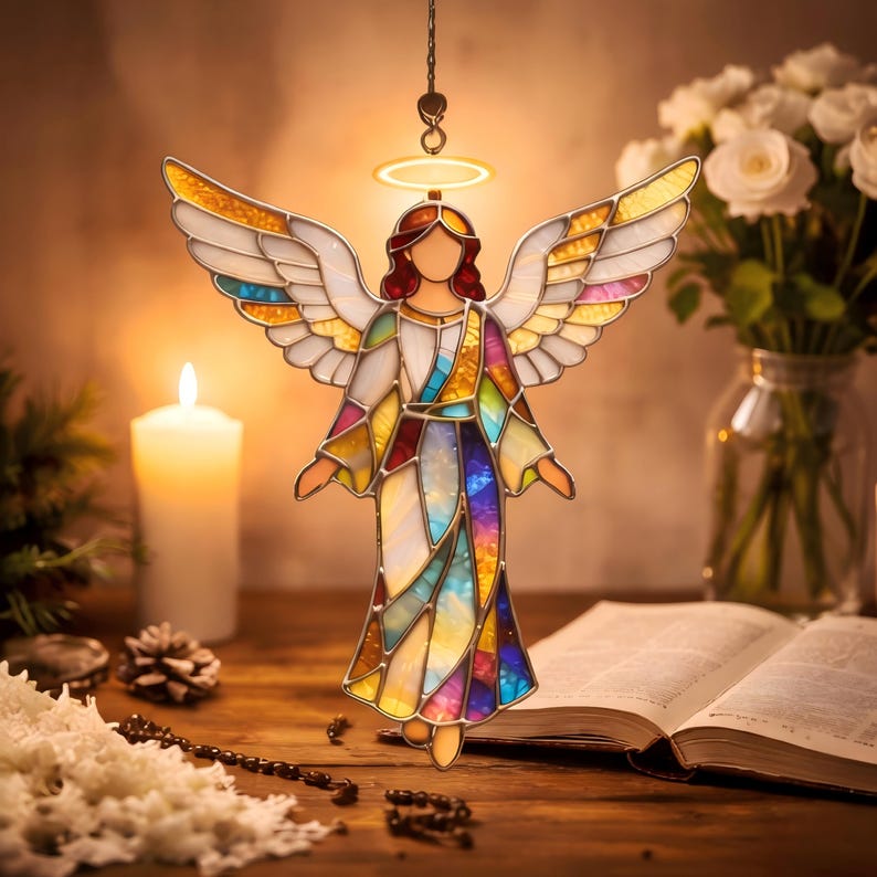 Attrape-soleil ange en vitrail, ange gardien suspendu, décoration d'intérieur religieuse, ornement d'art en verre coloré, idée cadeau chrétienne image 2