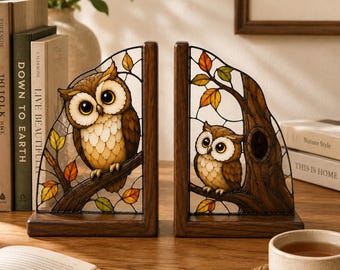 Stained Glass Owl Bookends, Autumn Woodland Book Ends, Rustic Wooden Bookshelf Decor, Owl Lover Gift, Fall Leaf Home Decor
