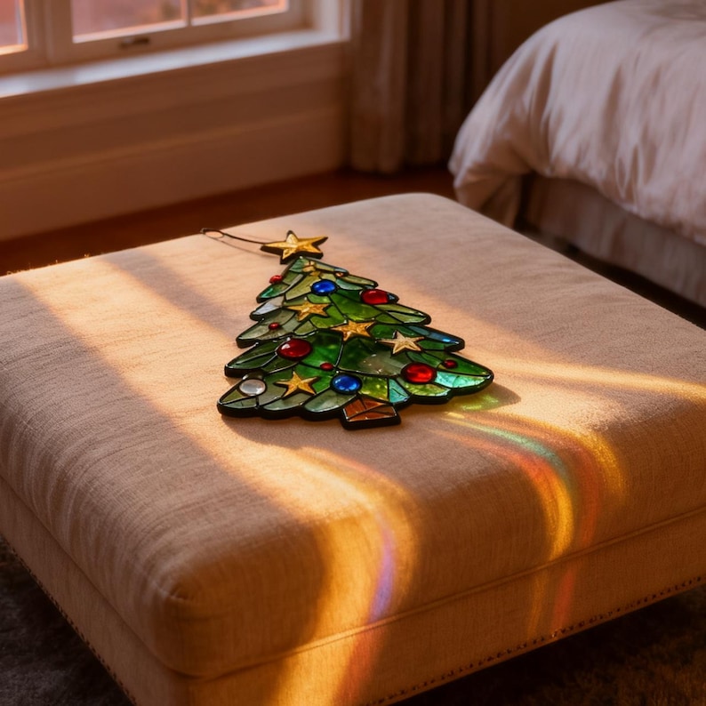 K&ouml;nnte beinhalten: Ein Weihnachtsbaumschmuck aus Buntglas mit einem goldenen Stern. Der gr&uuml;ne Baum ist mit roten, blauen und klaren Glasornamenten verziert. Der Schmuck liegt auf einer beigen Ottomane.