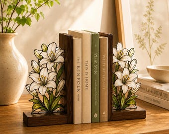 White Lily Bookends, Floral Stained Glass Style Bookends, Wooden Book Ends for Shelf, Book Lover Gift, Botanical Home Decor
