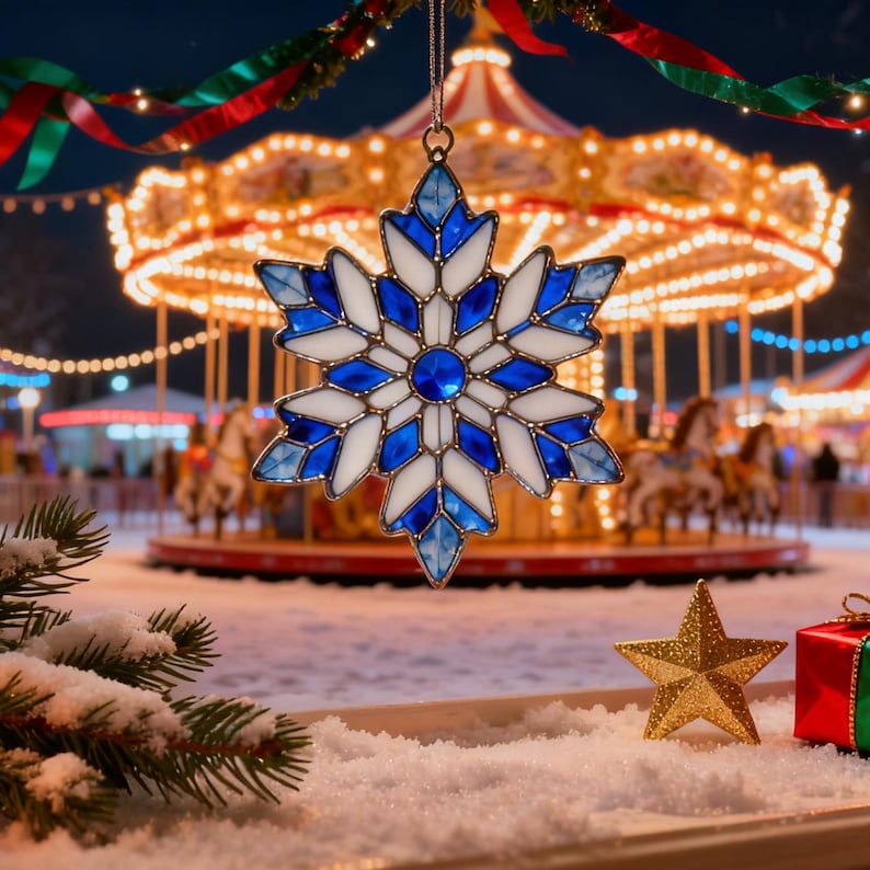 May include: A blue and white stained glass snowflake ornament hangs in front of a carousel. The snowflake has a central blue gem and is surrounded by white and blue glass. A gold star and a wrapped gift sit in the snow.