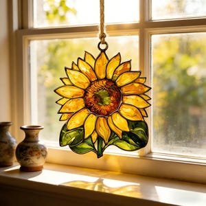 Oil Painting Sunflower Stained Glass Suncatcher, Textured Floral Window Hanging, Artistic Home Decor, Gift for Mom, Warm Sunlight Ornament