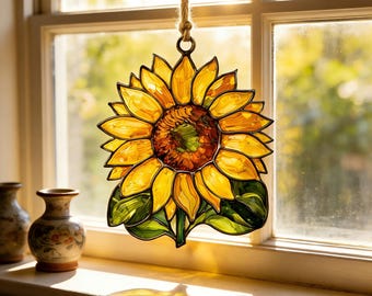 Obraz olejny: Słonecznik, witrażowy łapacz słońca, teksturalna ozdoba okienna z kwiatowym wzorem, artystyczny wystrój domu, prezent dla mamy, ciepła ozdoba słoneczna