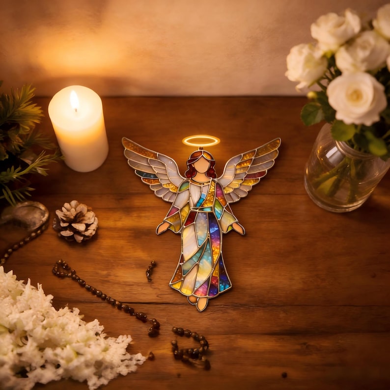 Attrape-soleil ange en vitrail, ange gardien suspendu, décoration d'intérieur religieuse, ornement d'art en verre coloré, idée cadeau chrétienne image 4