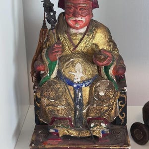 Antique Chinese Carved & Gilt Wood Temple Figure — Seated Dignitary / Civil-Official Deity, Inscribed "SW 1912"