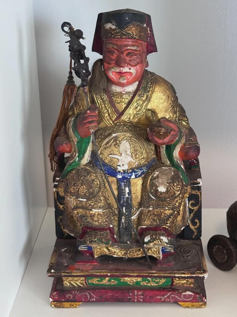 Antique Chinese Carved & Gilt Wood Temple Figure — Seated Dignitary / Civil-Official Deity, Inscribed "SW 1912"