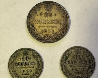 Russian Imperial Silver Coin Lot (1910-1915) - 10 & 20 Kopeks - Nicholas II